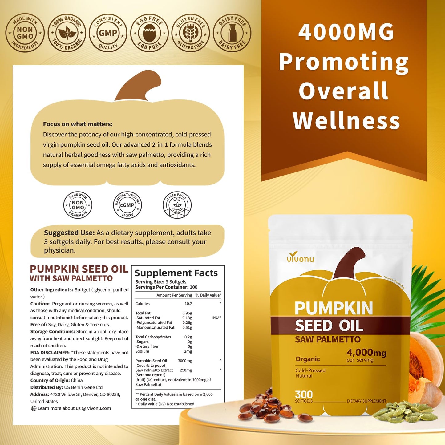 VivoNu Pumpkin Seed Oil with Saw Palmetto Capsules, 4000mg 300 Softgels | Organic, Cold Pressed | DHT Blocker | Supports Hair, Urinary, Bladder & Prostate Health | Non-GMO | Organic, Cold Pressed | DHT Blocker | Supports Hair, Urinary, Bladder & Prostate