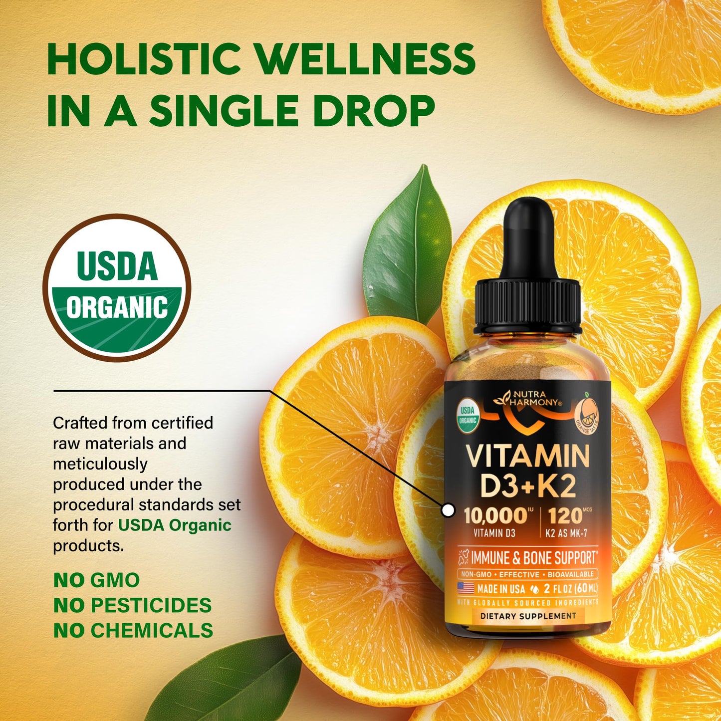 Vitamin D3 K2 USDA Organic Drops - Vitamin D3 10000 IU & K2 as MK-7 120mcg - Immune & Mood Support, Bone & Teeth Health - Sugar-Free, Orange Flavor - Liquid Supplement - 2 FL OZ, 60 Day Supply