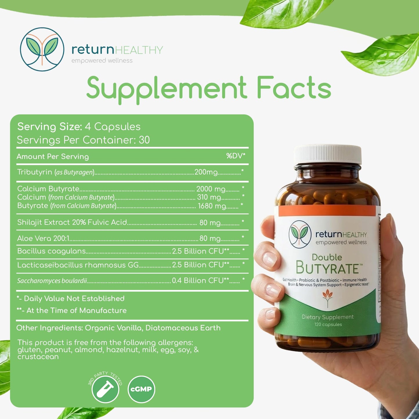 Double Butyrate Gut Health Supplement | Probiotic & Postbiotic Digestive Supplements for Gut Support | Enhances Immune, Brain, & Nervous System Function | Odor-Free Formula | 120 caps