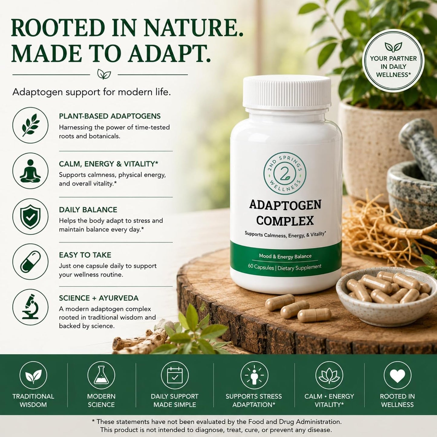 Adaptogen Complex Calmness, Energy and Vitality Booster - Ashwagandha, Schisandra, Astragalus, Ginseng, Rhodiola, and More - Adrenal Support Supplements - 60 Ct