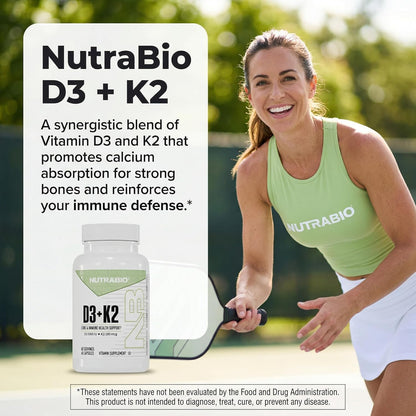 NutraBio Vitamin D3 K2 | 5000 IU D3 as Cholecalciferol with Vitamin K2 as MENA-Q MK7 (180mcg) | Support Bone and Heart Health | Non-GMO, Gluten Free, Lactose Free | 60 Vegetable Capsules