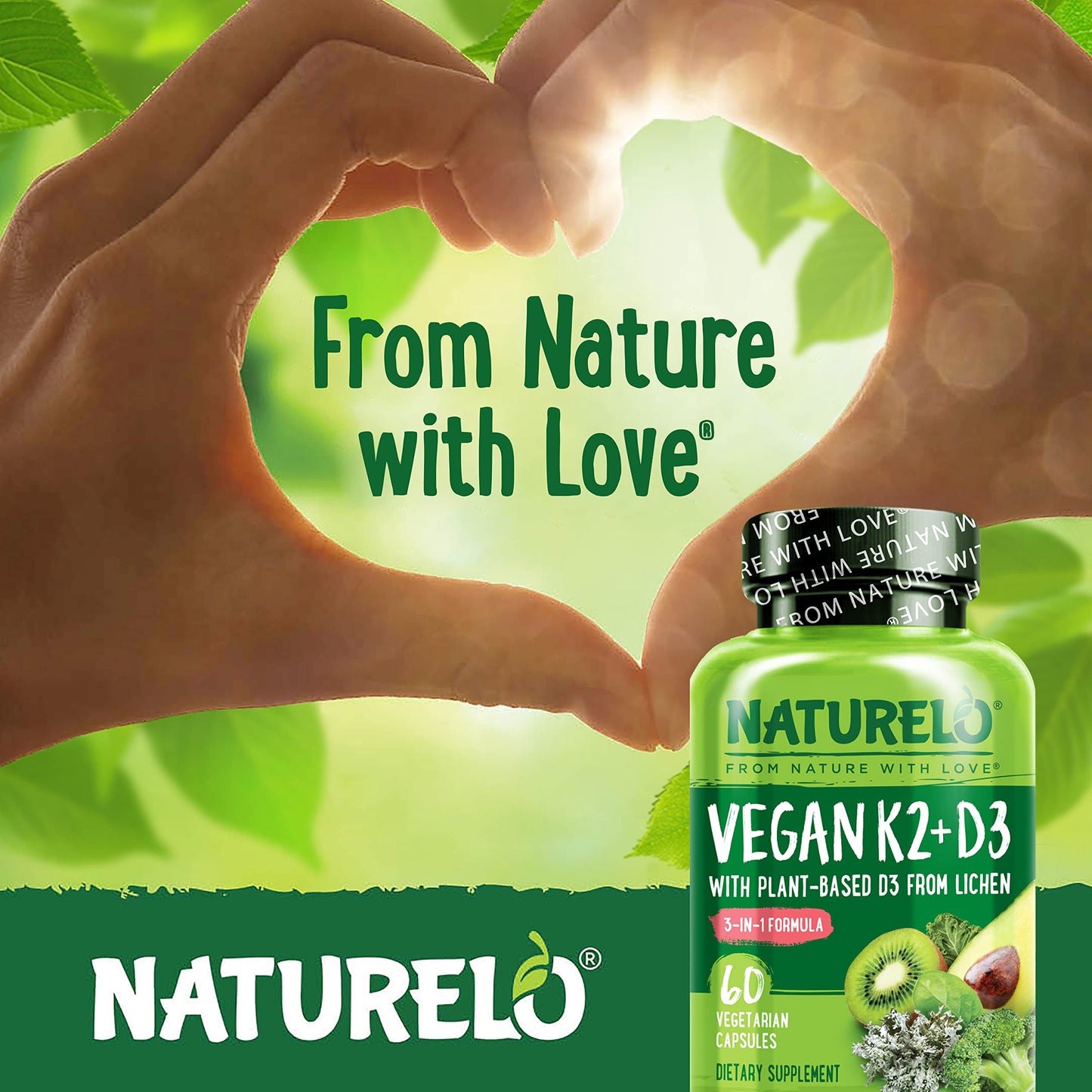NATURELO Vitamin D3 K2 - Vegan with Plant Based D3 from Lichen - Natural Supplement for Immune System, Bone Support, Heart Health - Whole Food - Non-GMO - Gluten Free, 60 Capsules