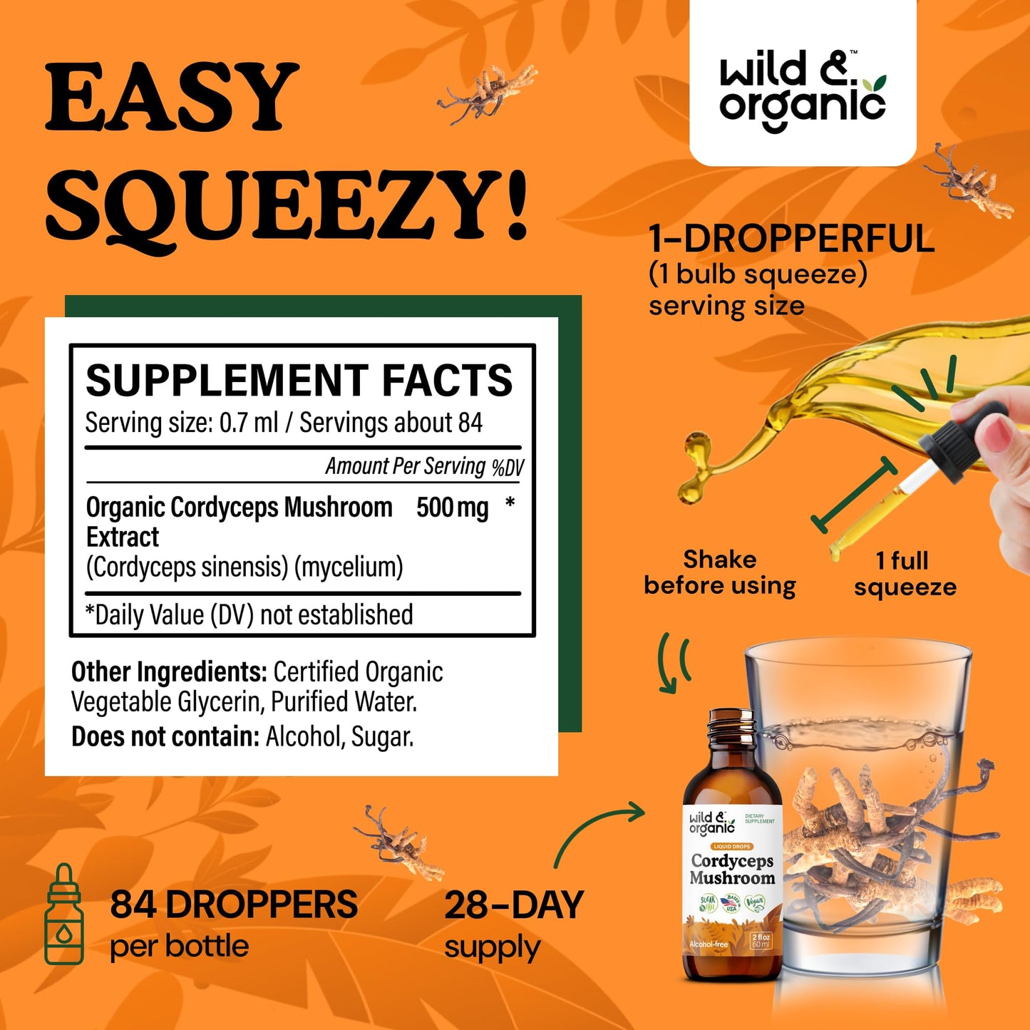 Wild & Organic Cordyceps Mushroom Tincture - Energy & Immune Support - Cordyceps Sinensis Extract Supplement - Liquid Mushroom Drops - Add to Tea & Mix with Powder - Sugar & Alcohol-Free - 4 fl oz