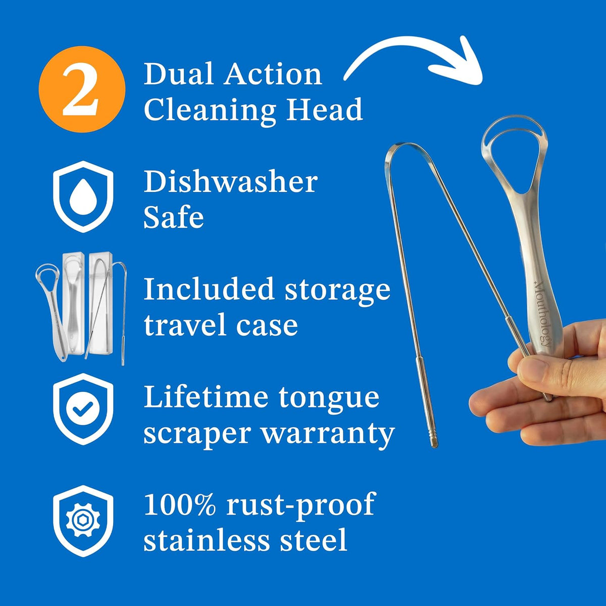 Mouthology Tongue Scraper (2 Pack), Reduce Bad Breath (Travel Cases Included), Stainless Steel Tongue Cleaners, Metal Tongue Scraper, Tongue Scraper for Adults - Fresher Breath in Seconds