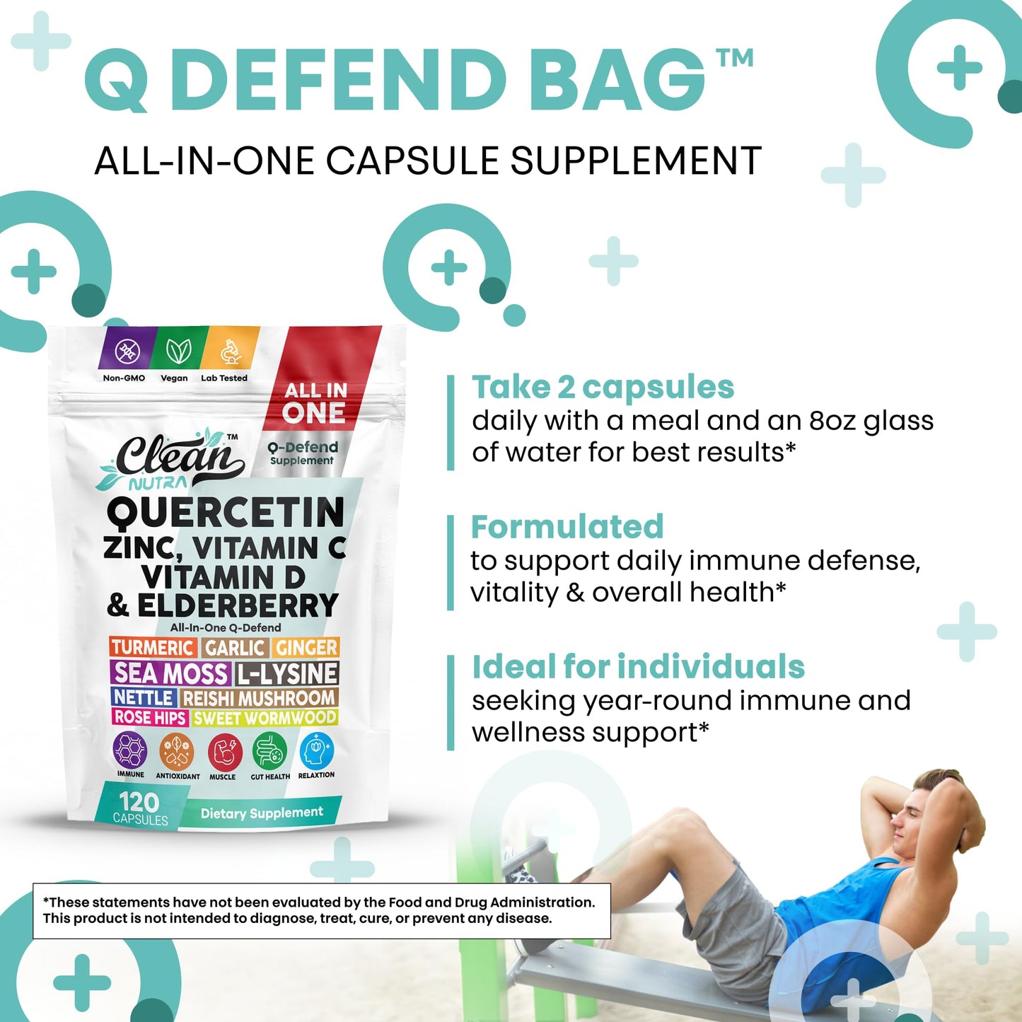 Q Defend Quercetin Supplement with Zinc Vitamin C Vitamin D Elderberry Turmeric Black Pepper Garlic Ginger Sea Moss Lysine Stinging Nettle Reishi Mushroom Immune Support 60 Capsules