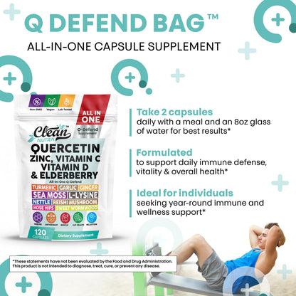 Q Defend Quercetin Supplement with Zinc Vitamin C Vitamin D Elderberry Turmeric Black Pepper Garlic Ginger Sea Moss Lysine Stinging Nettle Reishi Mushroom Immune Support 60 Capsules