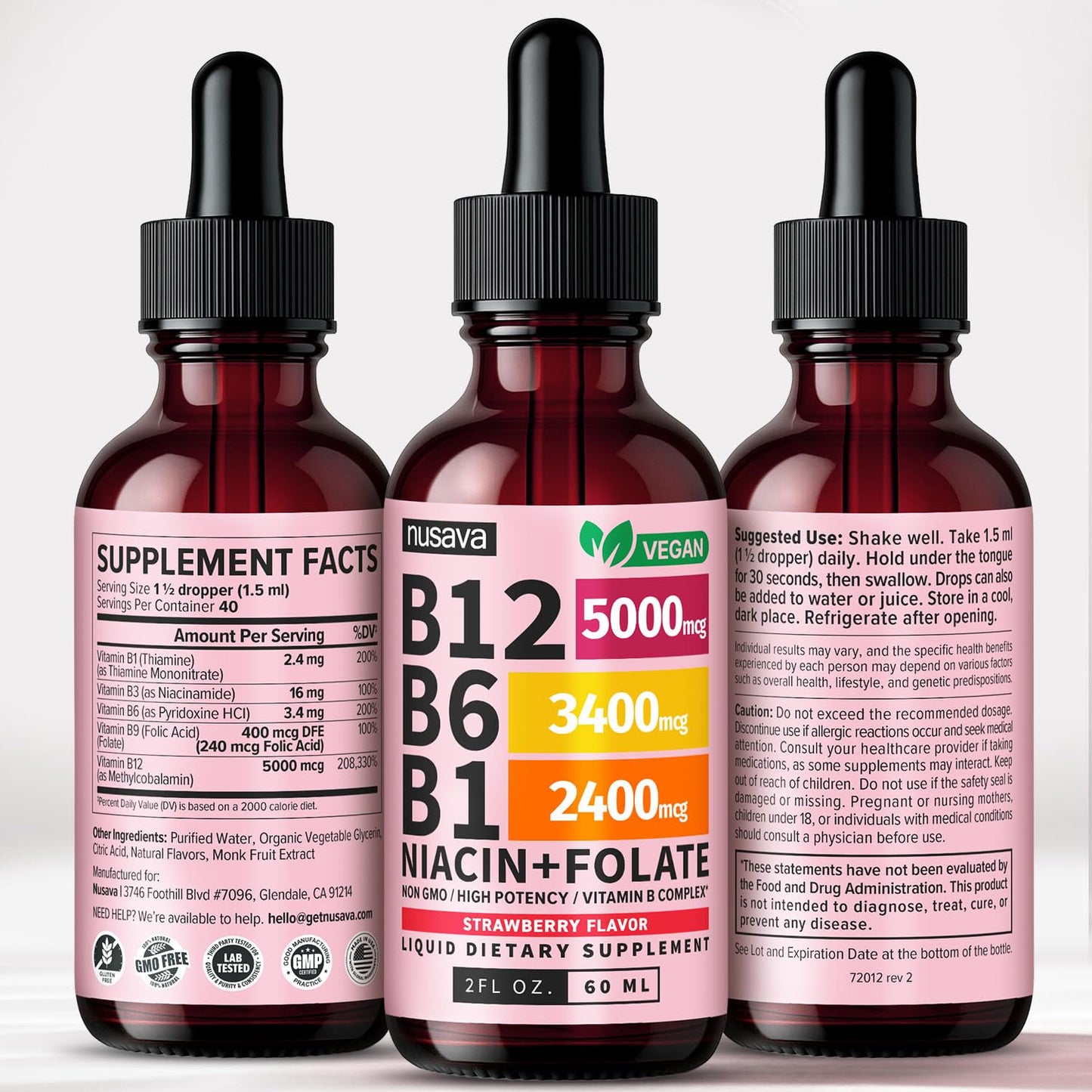 NUSAVA (2 Pack) Vitamin B12 Liquid Drops with B6, B1, Niacin & Folate — B12 Sublingual Vitamin B Complex, Methylcobalamin 5000 mcg, for Energy, Brain & Heart Support, Raspberry Flavor, 80 Servings