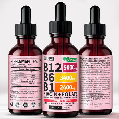 NUSAVA (2 Pack) Vitamin B12 Liquid Drops with B6, B1, Niacin & Folate — B12 Sublingual Vitamin B Complex, Methylcobalamin 5000 mcg, for Energy, Brain & Heart Support, Raspberry Flavor, 80 Servings