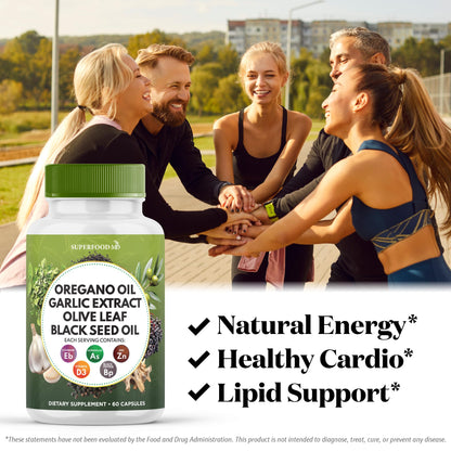 Superfood MD Oregano Oil Garlic Extract Olive Leaf Black Seed Oil Astragalus- for Women and Men- 60 Count