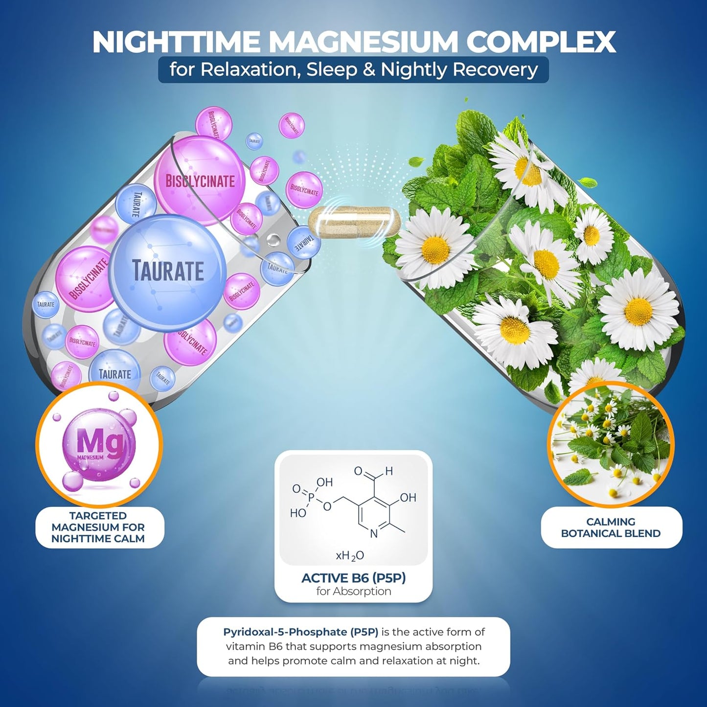 MoxyVites MagniRest PM Magnesium Complex for Women & Men - Magnesium Bisglycinate, Taurate, Active B6, & Calming Organic Botanicals - Chelated High Absorption - Nighttime Magnesium, 60 Vegan Capsules
