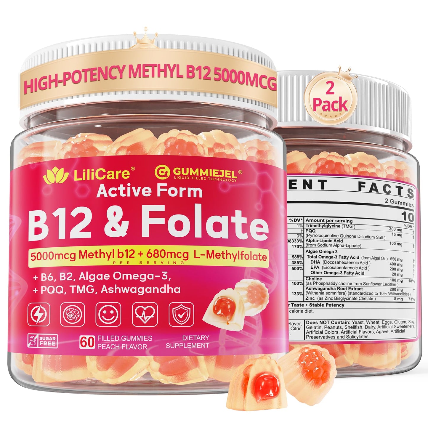Methyl B12 5000mcg & L-Methylfolate Gummies for Women Men - Active 5-MTHF & Methylted B-Complex Multivitamin Supplement + B6, Choline,TMG for Cellular Energy, Cognition, Methylation, MTHFR Gene, 60Cts