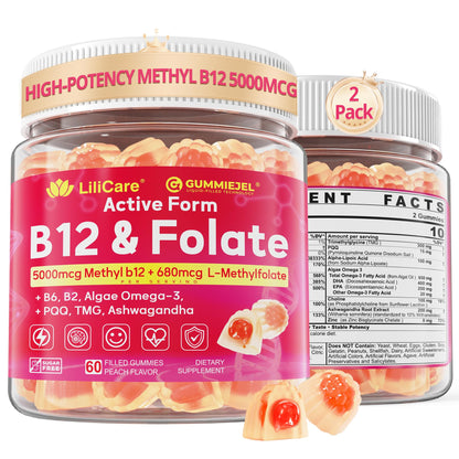 Methyl B12 5000mcg & L-Methylfolate Gummies for Women Men - Active 5-MTHF & Methylted B-Complex Multivitamin Supplement + B6, Choline,TMG for Cellular Energy, Cognition, Methylation, MTHFR Gene, 60Cts