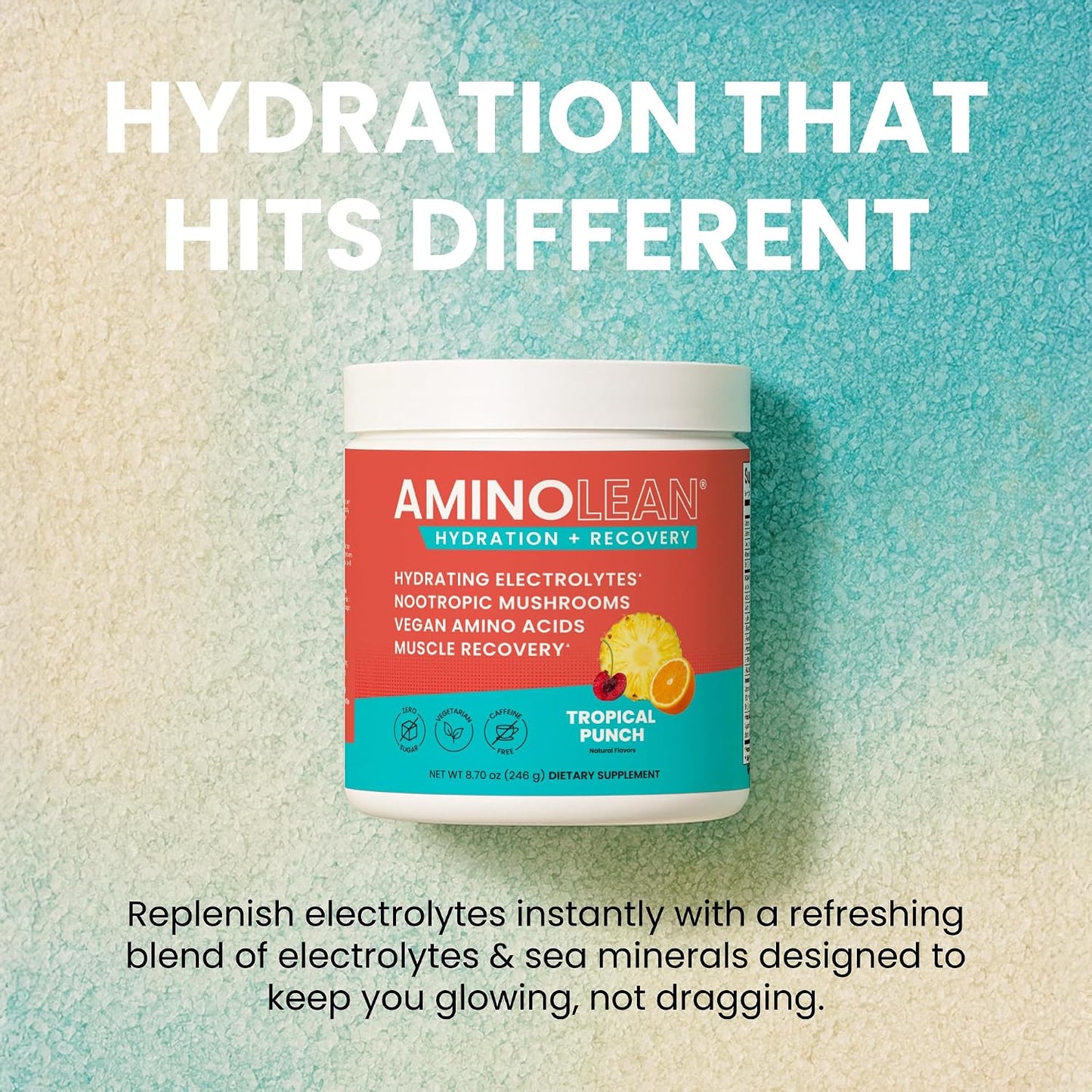 AminoLean Recovery Electrolytes Powder with Vegan BCAA + EAA Amino Acids | 5g Vegan Amino Acids, Hydration, Electrolytes & Nootropic Reishi Mushrooms for Post Workout & Morning Recovery, Sugar Free
