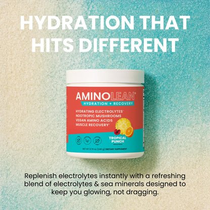 AminoLean Recovery Electrolytes Powder with Vegan BCAA + EAA Amino Acids | 5g Vegan Amino Acids, Hydration, Electrolytes & Nootropic Reishi Mushrooms for Post Workout & Morning Recovery, Sugar Free