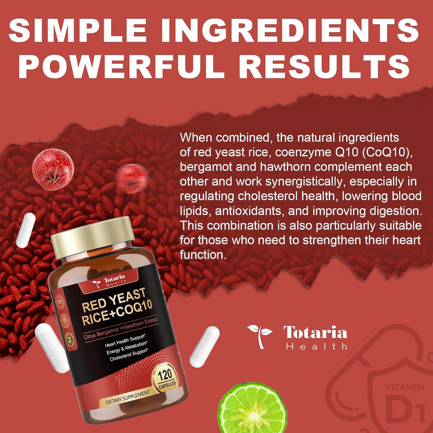 Totaria Red Yeast Rice 2,000mg with CoQ10 Supplement - Advanced Healthy Heart & Healthy Cholesterol Levels - Citrinin Free Extract Red Yeast Rice Capsules Plus Citrus Bergamot - Vegan, Non-GMO