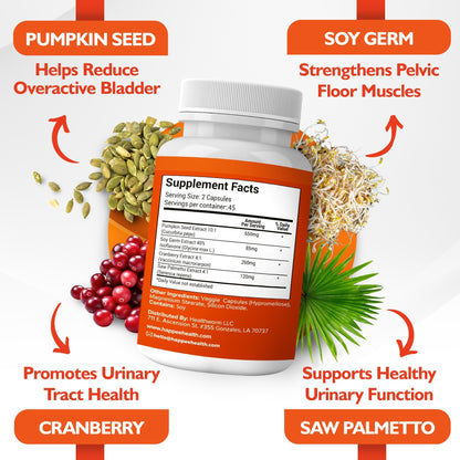 Happee Bladder Control Supplement for Women & Men - Pumpkin Seed Extract, Soy Germ, Saw Palmetto & Cranberry Blend - Bladder Support for Urinary Frequency, Leaks & Urgency - 60 Capsules