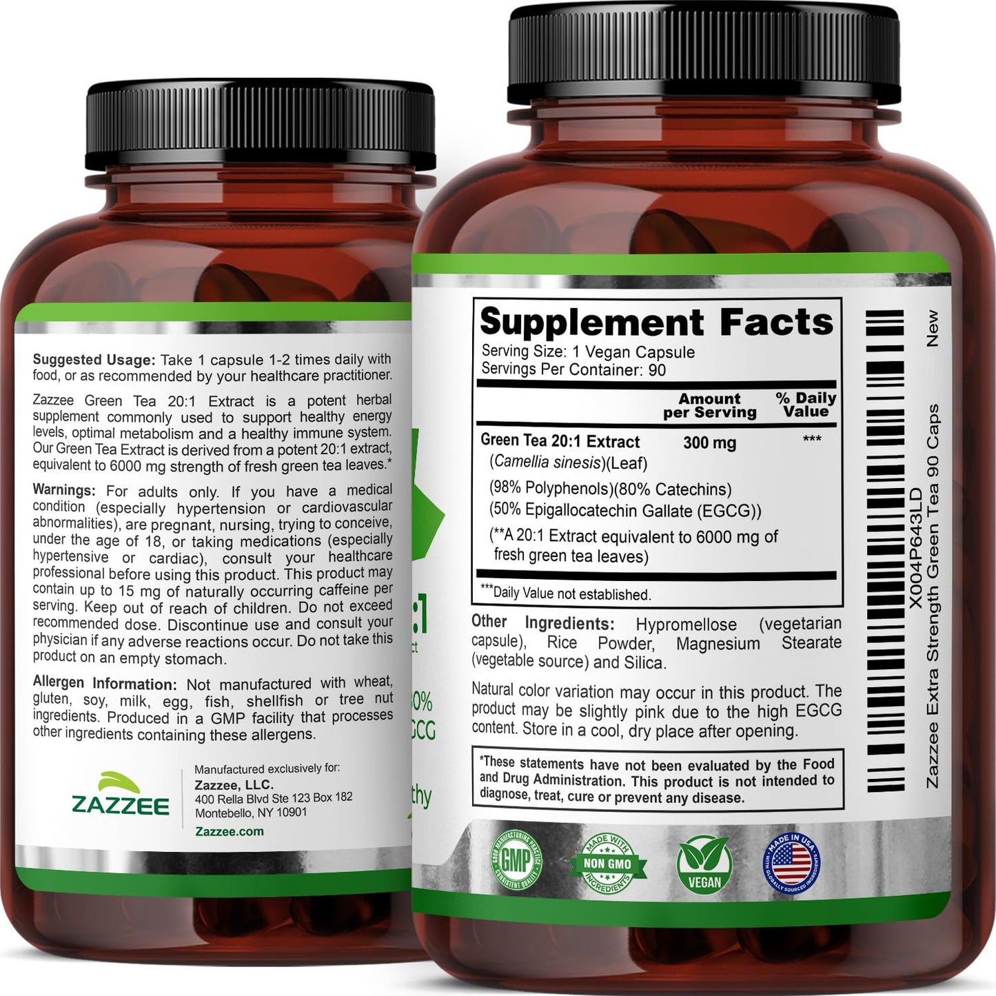 Zazzee Extra Strength Green Tea 20:1 Extract, 50% EGCG, 98% Polyphenols, 80% Catechins, 150 Vegan Capsules, 5 Month Supply, Certified Kosher, Antioxidant & Metabolism Support, Non-GMO, Made in the USA