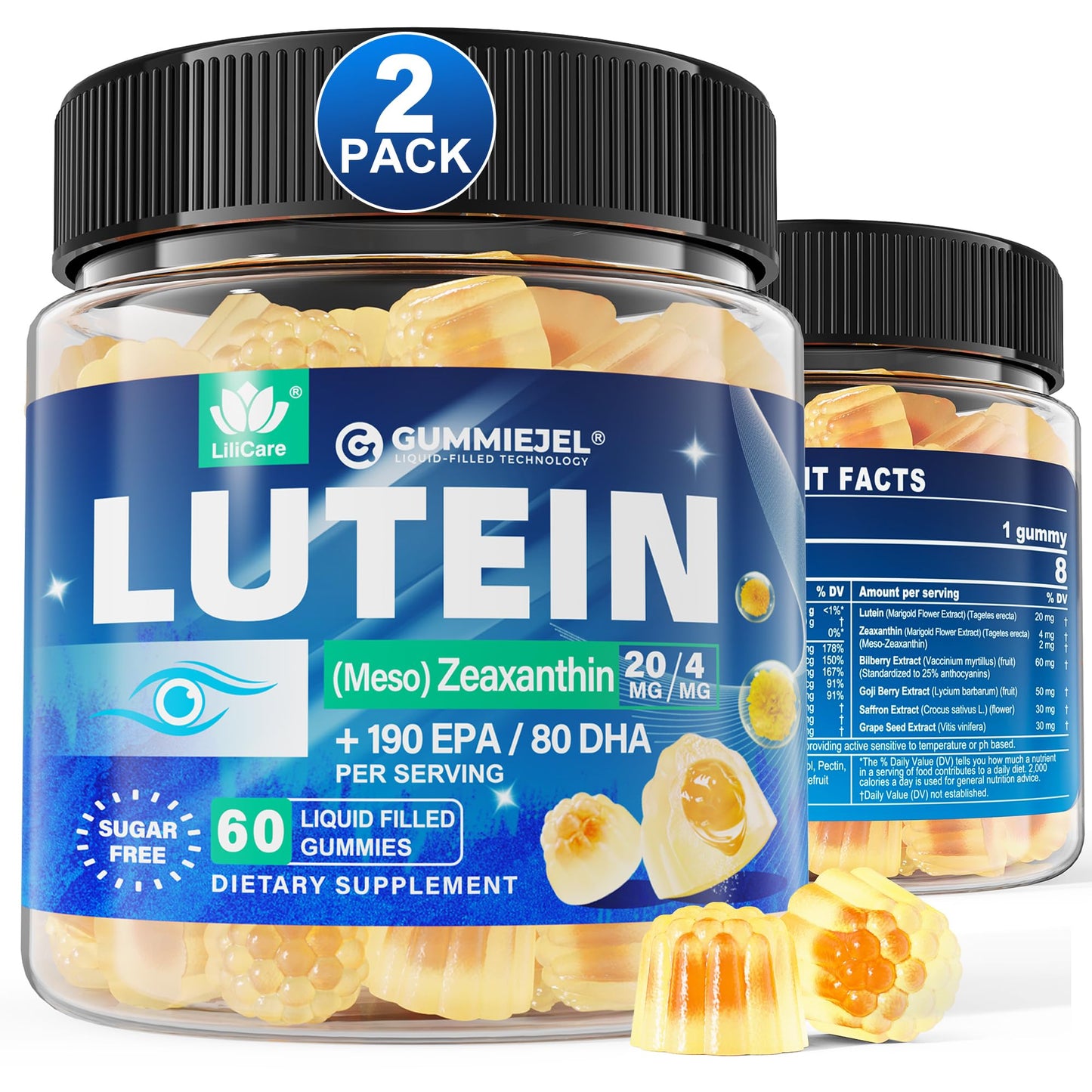 Lutein 20mg 40mg and Zeaxanthin Supplements for Eyes, Lutein Gummies with Omega 3, Saffron, Zinc, Bilberry & Goji Berry for Vision Support - Eye Vitamins Gummies for Seniors - Vegan, Sugar Free, 60ct