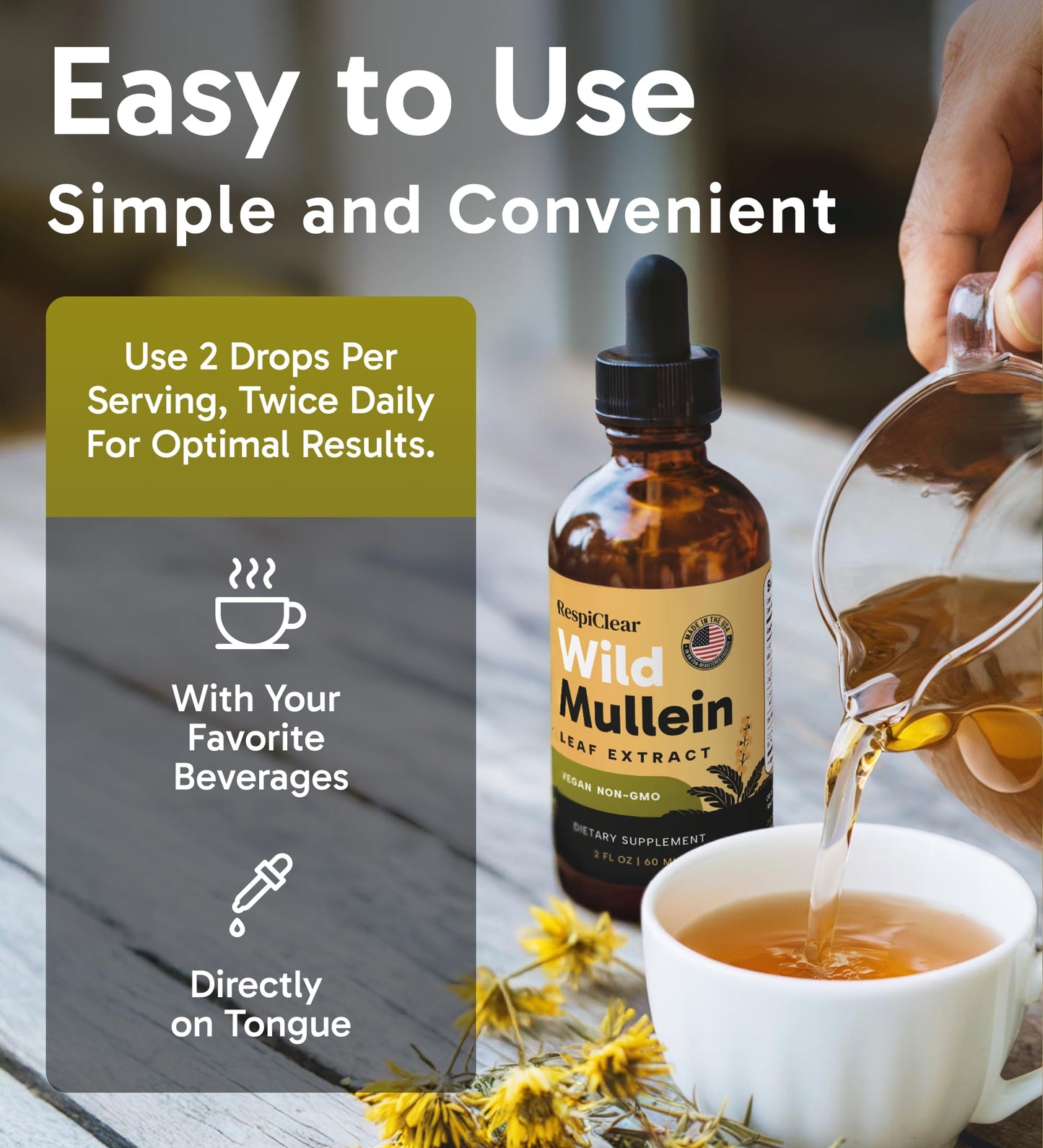 All-Natural Mullein Drops with Ginger & Lemon for Lung Cleanse and Detox, Mullein Leaf Extract for Respiratory Lung Health & Detox for Smokers, 2 Fl oz