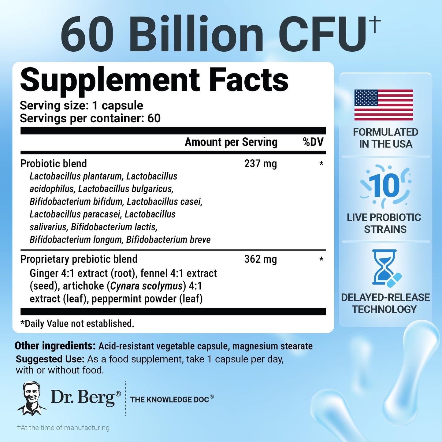 Dr. Berg Probiotic Supplement (60 Billion CFUs) - Helps Ease Occasional Constipation, Diarrhea, Gas & Bloating* - Pre and Probiotics for Digestive Health - 30 Probiotic Capsules