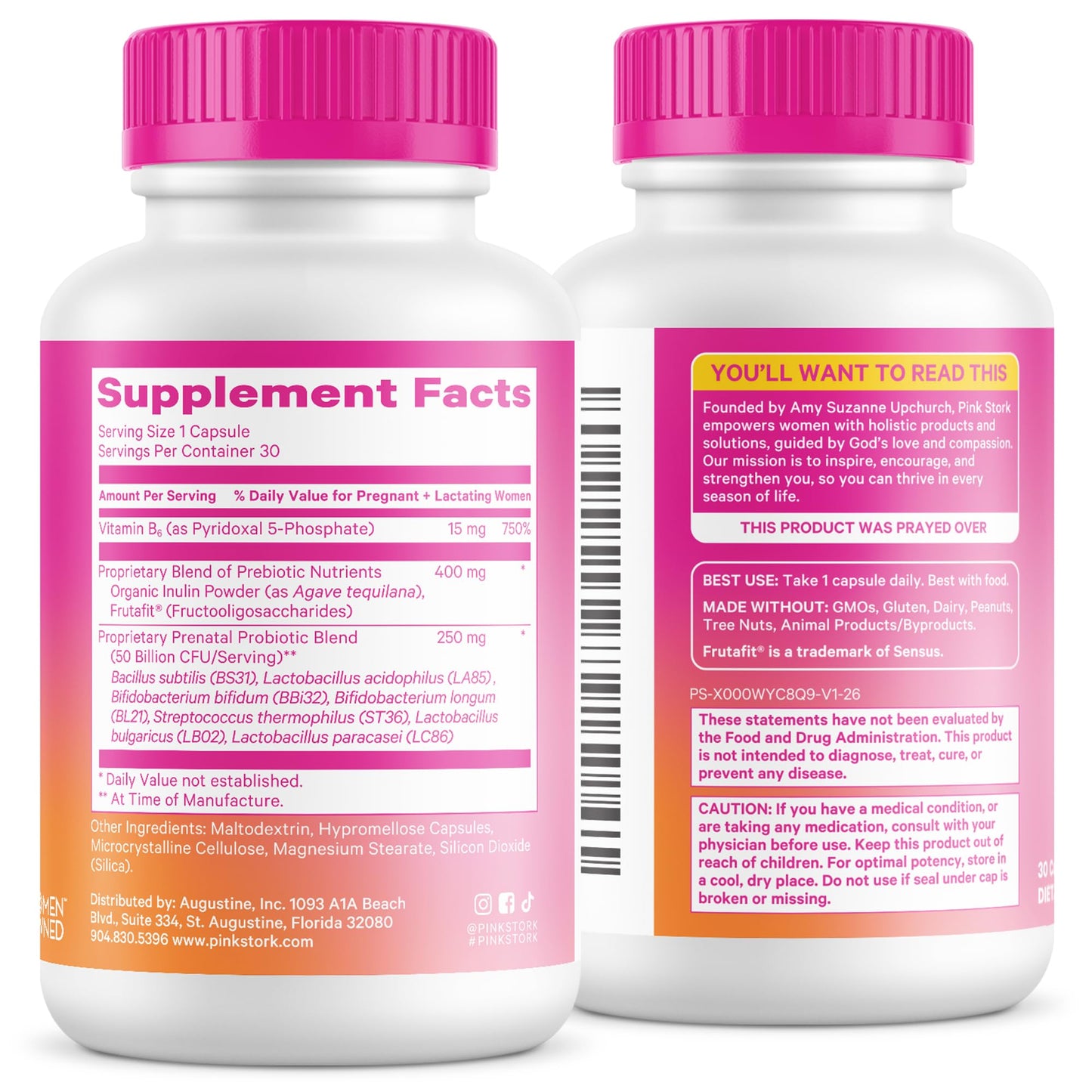 Pink Stork Prenatal Probiotic for Women with 50 Billion CFU, 30 Capsules | Added Vitamin B6 + Prebiotics, Morning Sickness Support, Vegan & Gluten-Free, Digestive, Immune, + Gut Health