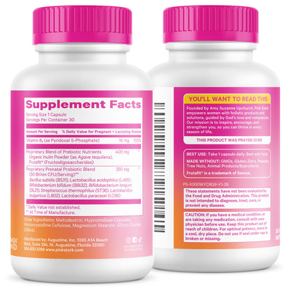 Pink Stork Prenatal Probiotic for Women with 50 Billion CFU, 30 Capsules | Added Vitamin B6 + Prebiotics, Morning Sickness Support, Vegan & Gluten-Free, Digestive, Immune, + Gut Health