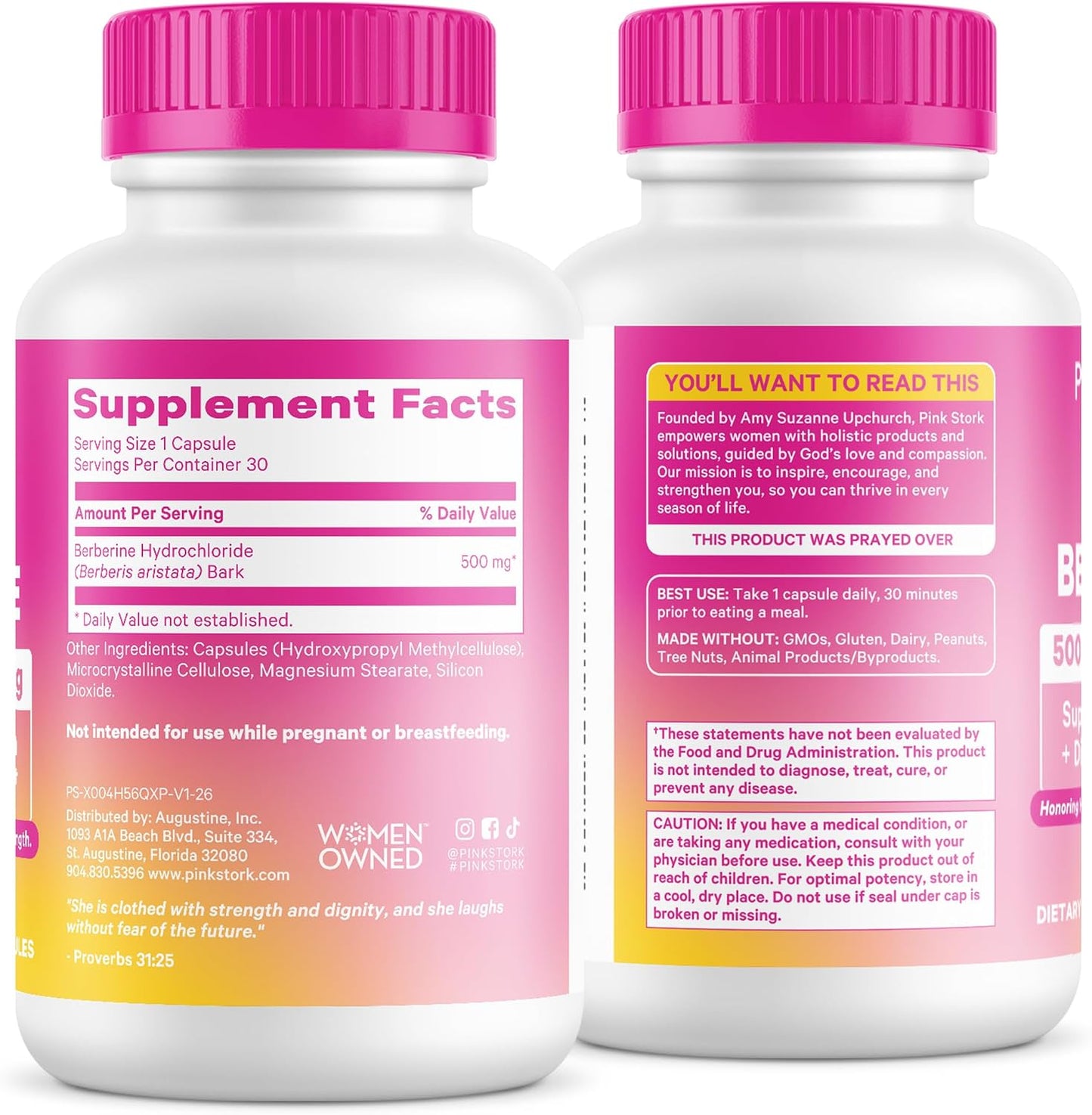 Pink Stork Berberine 500 mg, AMPK Metabolic Activator for Women, 30 Count | Metabolism + Gut Health Support for Women, Third-Party Tested, Vegan, Non-GMO