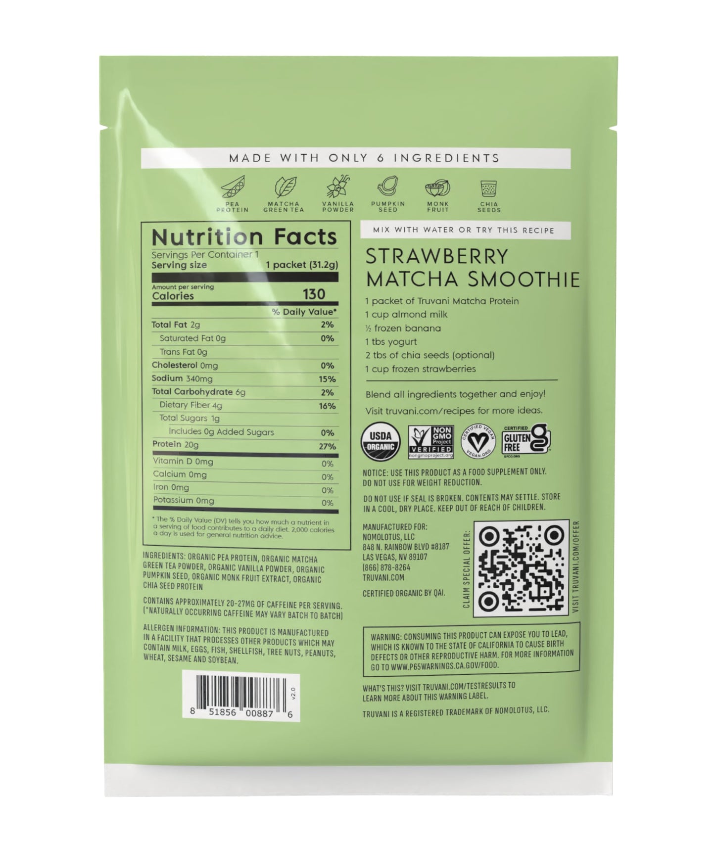 Truvani Organic Plant Based Protein Powder | Vanilla | 1 Serving | Vegan | 20g Pea Protein | Keto | Gluten & Dairy Free | Low Carb | No Added Sugar