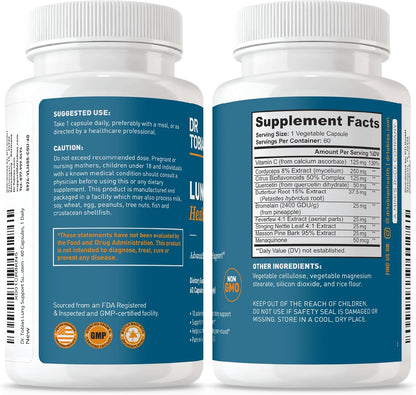 Dr. Tobias Lung Health Respiratory Support 60 Capsules | Lung Supplement | Lung Cleanse, Bronchial & Immune Support | Vitamin C + Butterbur + Quercetin + Bromelain | 60 Servings