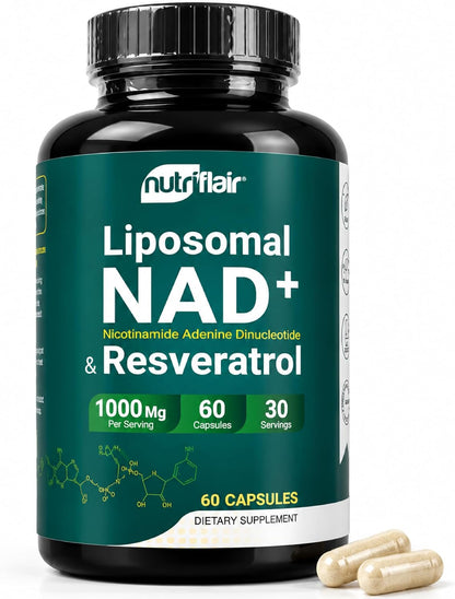NutriFlair Liposomal NAD+ Supplement with Resveratrol 1000mg per Serving, 60 Capsules – High Absorption, Non-GMO, Made in USA