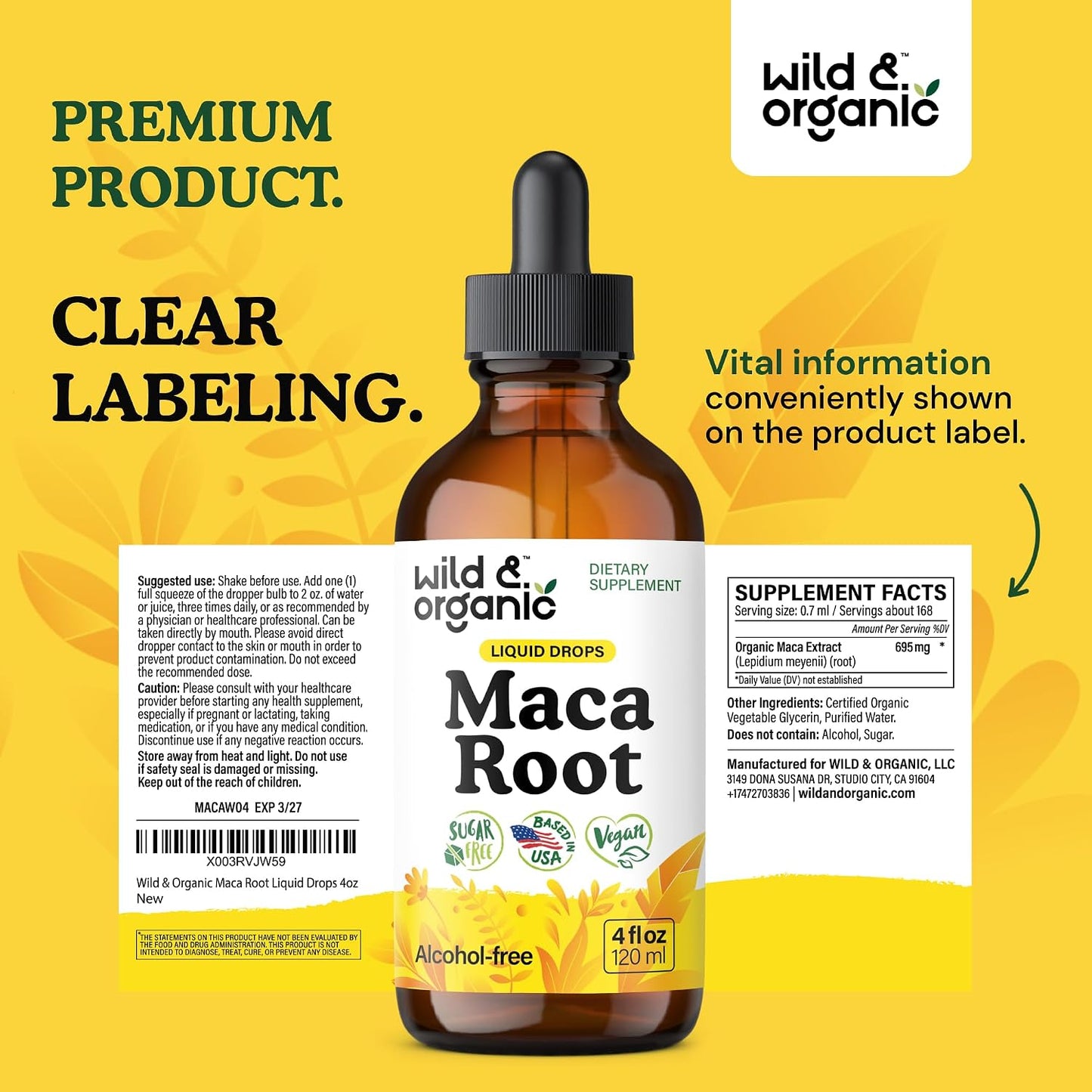 Wild & Organic Maca Root Liquid Drops for Men & Women - Peruvian Maca Tincture for Overall Support - Vegan, Sugar & Alcohol-Free Supplement - 4 fl oz