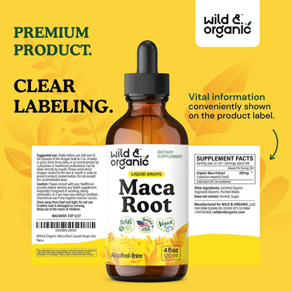 Wild & Organic Maca Root Liquid Drops for Men & Women - Peruvian Maca Tincture for Overall Support - Vegan, Sugar & Alcohol-Free Supplement - 4 fl oz