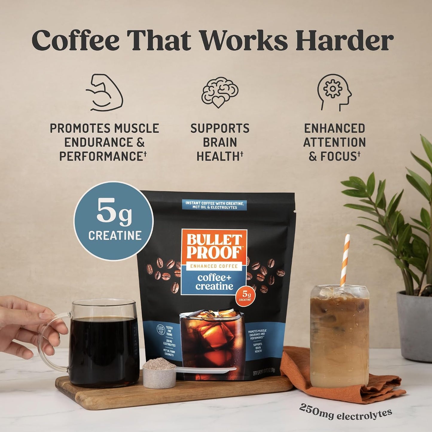 Bulletproof Coffee + Creatine Instant Coffee, 5g Micronized Creatine Monohydrate with Electrolytes & MCT Oil, Clean Toxin-Tested Beans, Energy & Performance Support, 38 Servings