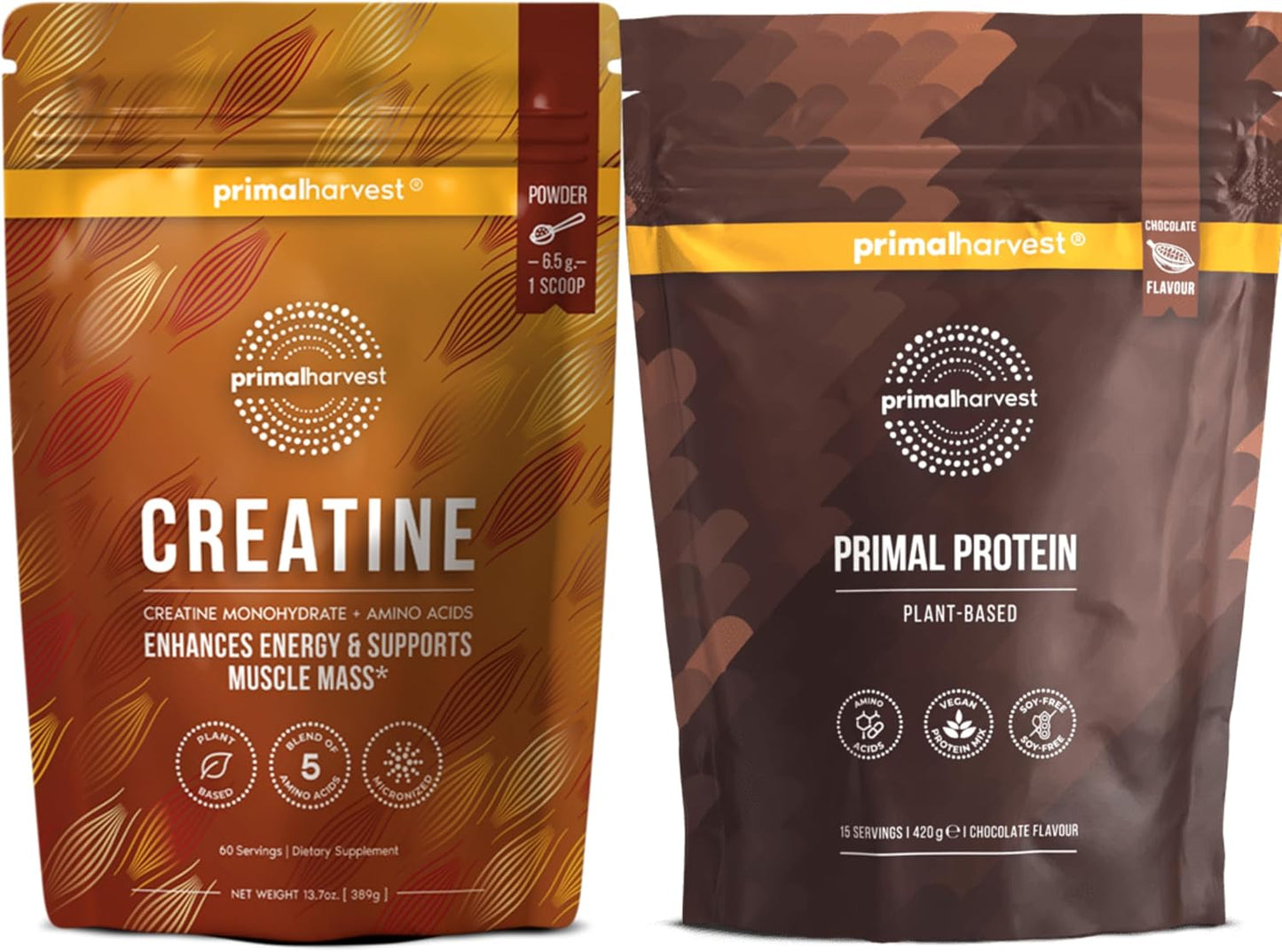 Primal Creatine Powder + Chocolate Protein Vegan Powder Bundle | 2-Pack | Build Muscle, Enhance Recovery & Fuel Performance | 30 Servings Each