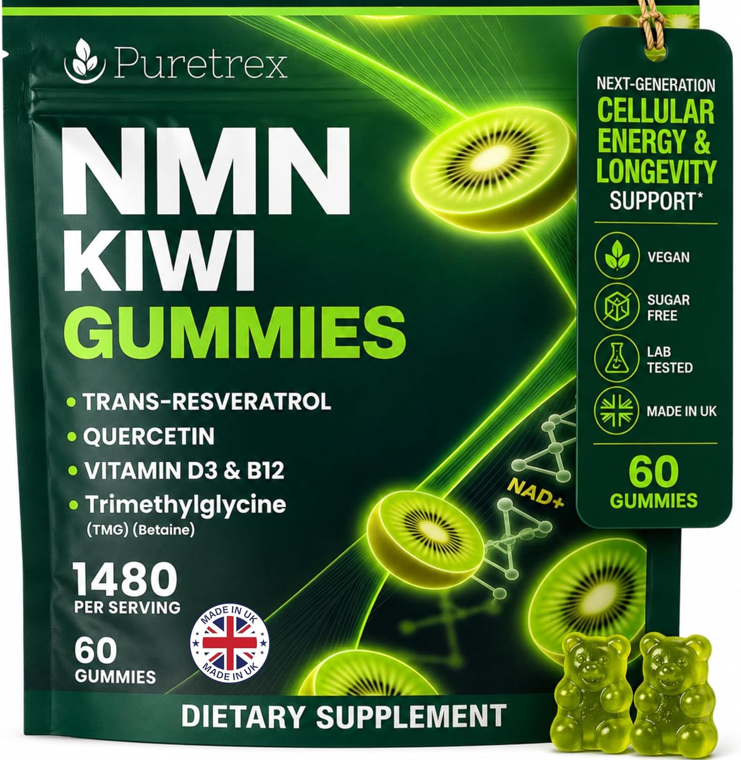 NMN Gummies 500mg with Trans-Resveratrol 200mg, Quercetin, TMG, Vitamin D3 B12, 1480mg NAD+ Supplement, Cellular Energy, Longevity & Healthy Aging Support, Vegan, 60 Kiwi Gummy Bears