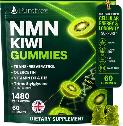 NMN Gummies 500mg with Trans-Resveratrol 200mg, Quercetin, TMG, Vitamin D3 B12, 1480mg NAD+ Supplement, Cellular Energy, Longevity & Healthy Aging Support, Vegan, 60 Kiwi Gummy Bears