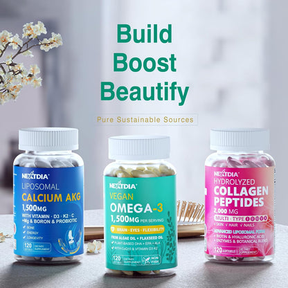 Vegan Omega 3 EPA DHA ALA Supplement + CoQ10, Vitamin D3 K2 (MK7) for Women Men | 1500mg Algae Oil as Fish Oil Alternative | Plant Based Omega 3 Mini Softgels for Bone, Brain, Eye, Skin | 120 Pills