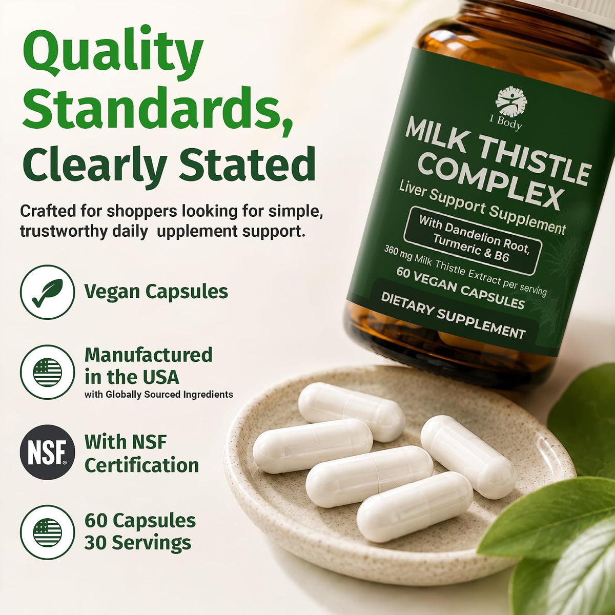 1 Body Milk Thistle Complex, Liver Support, 60 Vegan Capsules, 30 Servings