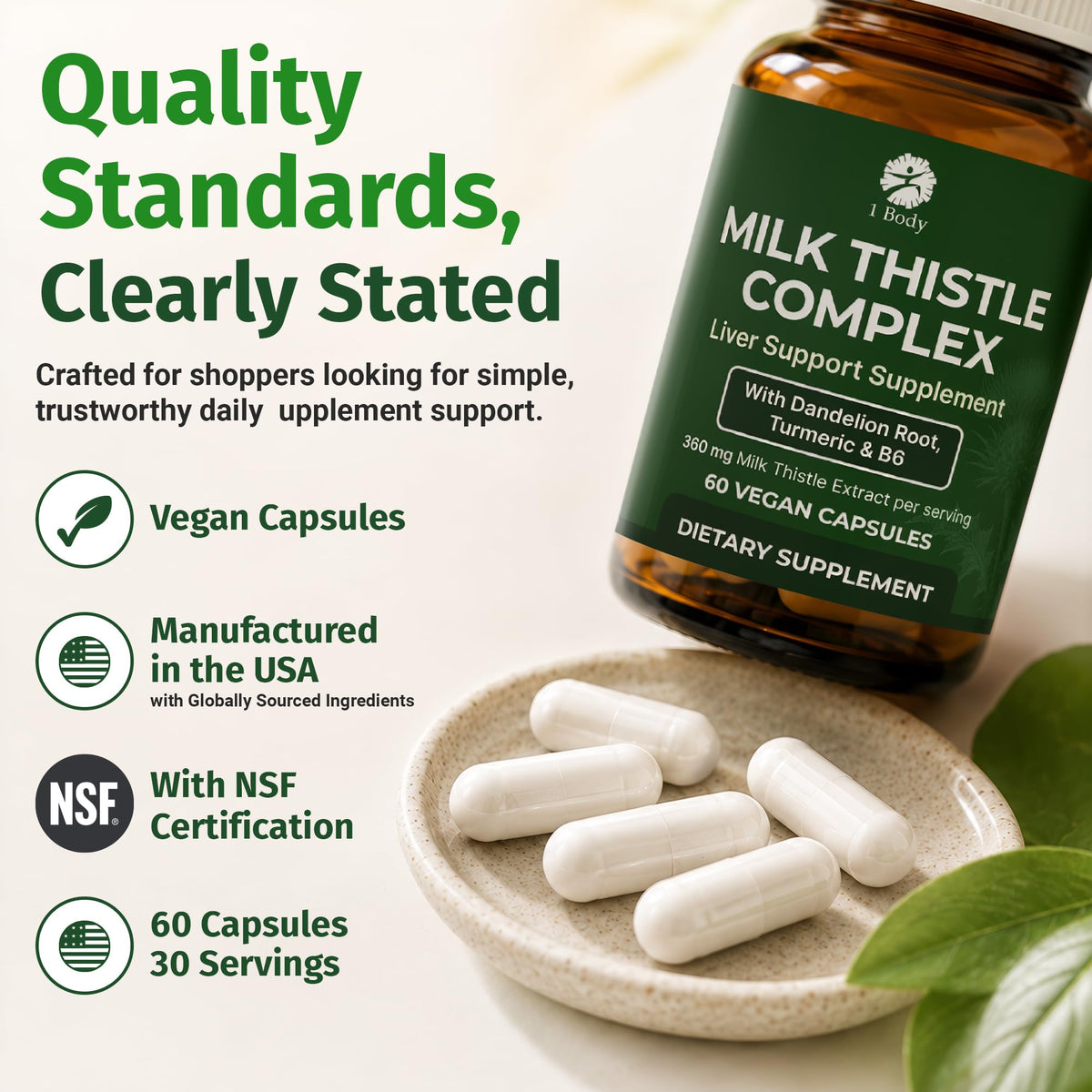 1 Body Milk Thistle Complex, Liver Support, 60 Vegan Capsules, 30 Servings