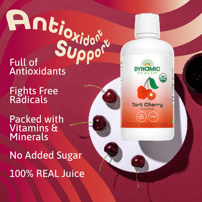 Dynamic Health Organic Tart Cherry Juice, Unsweetened 100% Juice Concentrate, Antioxidants Supplement, No Sweeteners or Additives, Vegan, Gluten Free, BPA Free (32oz)