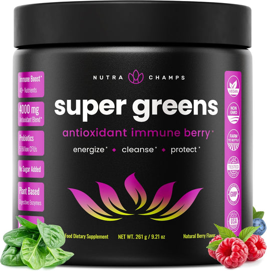 NutraChamps Super Greens Powder Premium Superfood | 20+ Organic Green Veggie Whole Foods | Wheat Grass, Spirulina, Chlorella | Antioxidant, Digestive Enzyme & Probiotic Blends (9.1 OZ, Antioxidant)