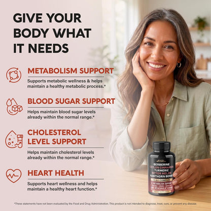 Berberine with Ceylon Cinnamon | Bitter Melon (Karela) | Apple Cider Vinegar | Hawthorn Berry | Citrus Bergamot | Turmeric - 15in1 Supplement for Heart Metabolism & Energy Support - Vegan, 60 Capsules