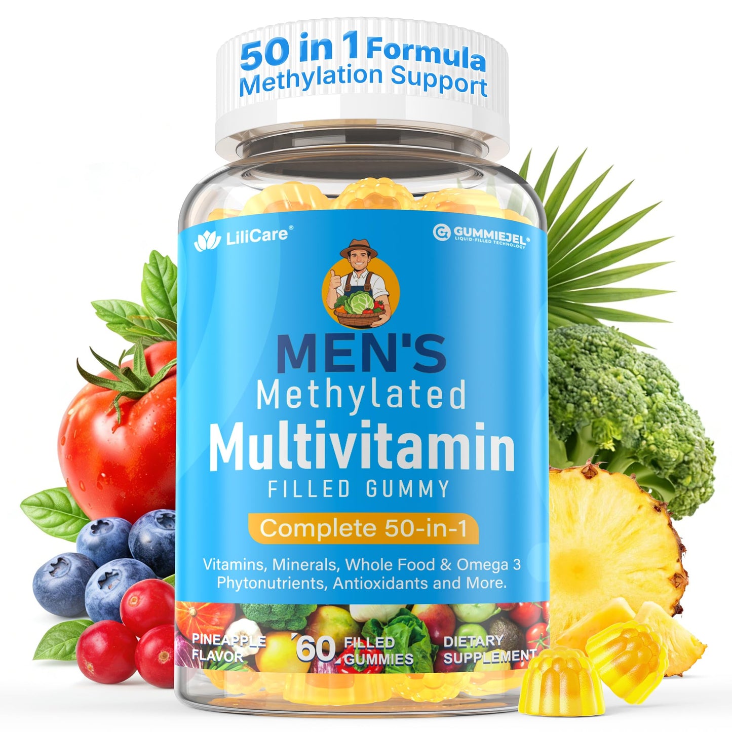 Methylated Multivitamin for Men Gummies + Omega-3, Supergreens, Lycopene, Methylfolate & B12, D3 K2, Vitamin A, C, E, B Complex for Methylation, Nutrition Gaps, Focus, Energy, Vegan, Sugar Free, 60 Cs