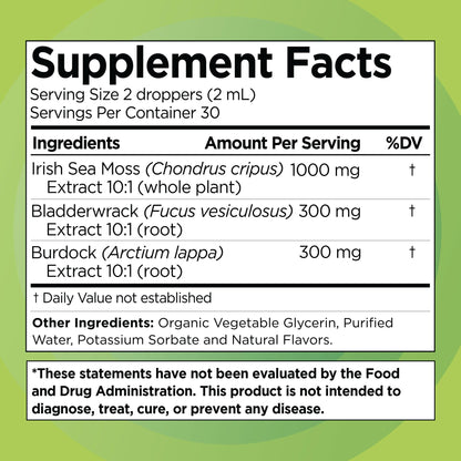 Irish Sea Moss Drops - Citrus Berry Flavor - 92+ Essential Minerals & Vitamins - Energy, Skin, Gut, Recovery - Bladderwrack and Burdock Root - 2 fl. oz