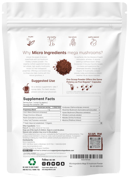 Micro Ingredients Organic Mega Mushroom Powder, 5oz (141 Days Supply) | 10-in-1 with Chaga, Lion’s Mane, Cordyceps & More | Great for Smoothies & Daily Use | Non-GMO, Vegan Friendly