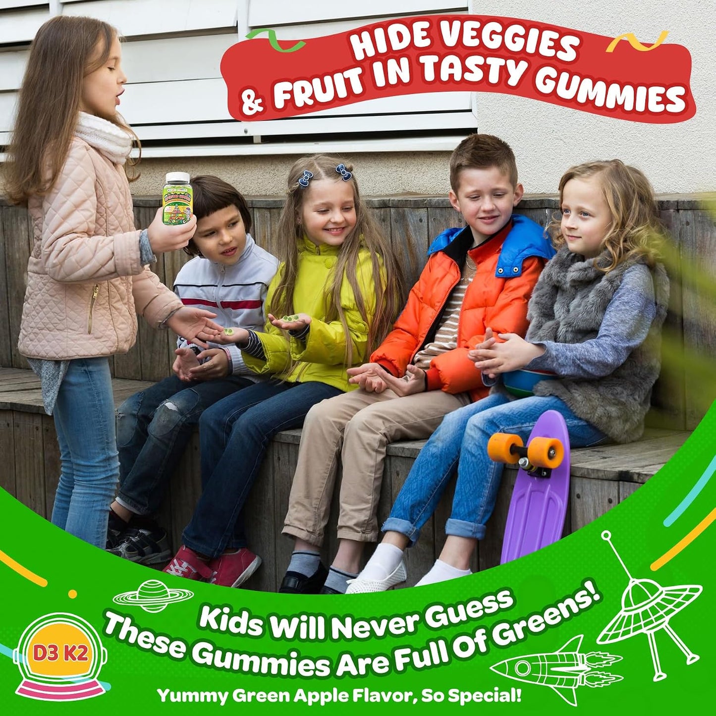 NEVISS Kids Teens Ages 4–17 Multivitamin with Iron Omega3 D3K2, Picky Eater Vitamin Super Greens Gummies, Boys Girls Organic Fruits Veggies Superfood Gummy, Mushroom | Immune Bone Brain, Sugar Free
