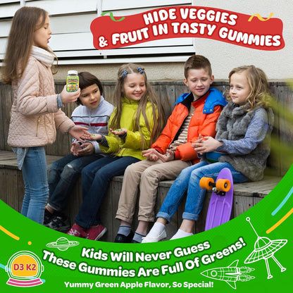 NEVISS Kids Teens Ages 4–17 Multivitamin with Iron Omega3 D3K2, Picky Eater Vitamin Super Greens Gummies, Boys Girls Organic Fruits Veggies Superfood Gummy, Mushroom | Immune Bone Brain, Sugar Free