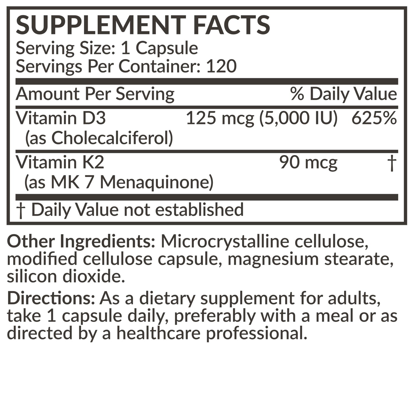 Futurebiotics Vitamin K2 (MK7) with D3 Supplement - Non-GMO Formula - 5000 IU Vitamin D3 & 90 mcg Vitamin K2 MK-7, 120 Vegetarian Capsules