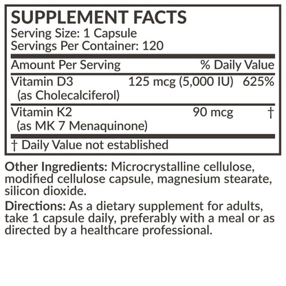 Futurebiotics Vitamin K2 (MK7) with D3 Supplement - Non-GMO Formula - 5000 IU Vitamin D3 & 90 mcg Vitamin K2 MK-7, 120 Vegetarian Capsules