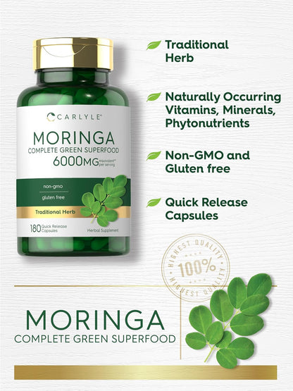 Carlyle Moringa Oleifera Supplement | 180 Capsules | Complete Green Superfood for Women and Men | From Moringa Leaf Powder | Non-GMO and Gluten Free